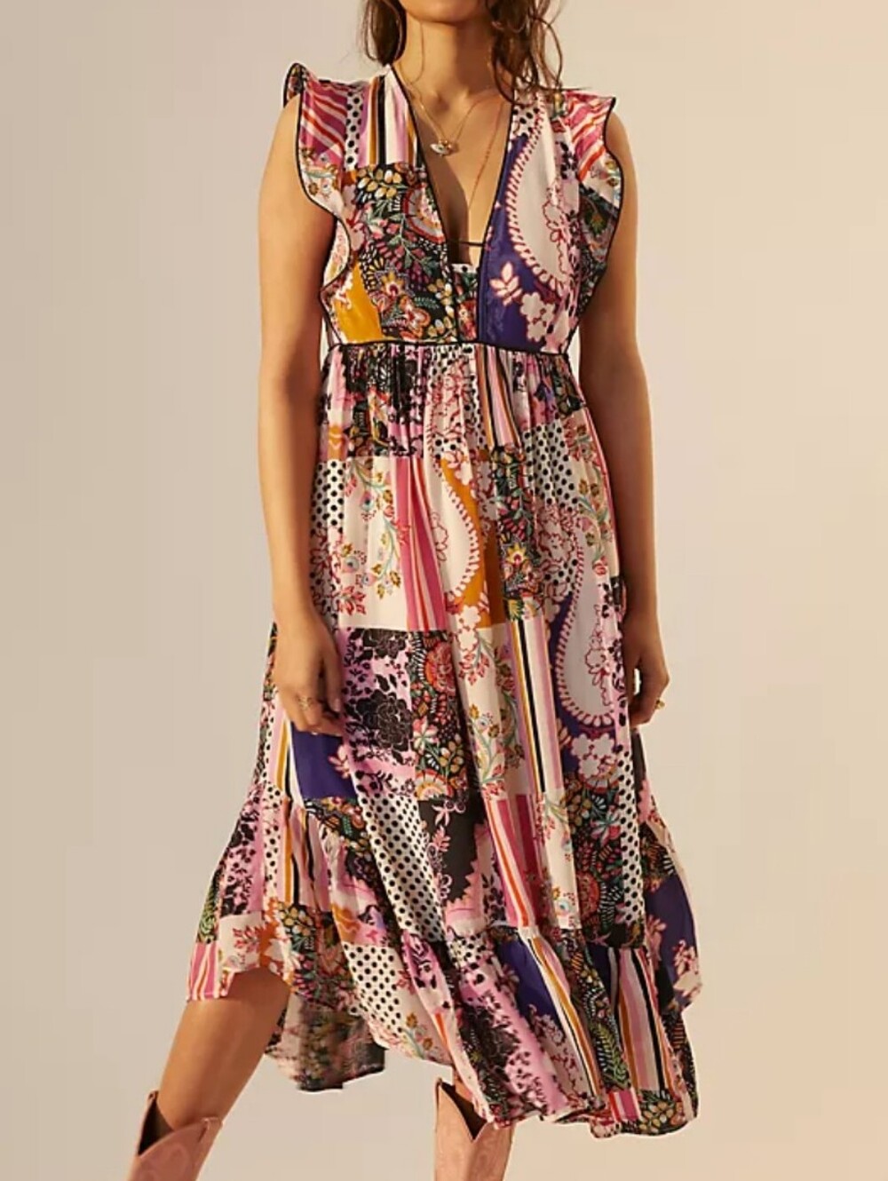 By Anthropologie Ruffled Patchwork Midi Dress 4 Flutter Sleeves Tiered Hem Boho